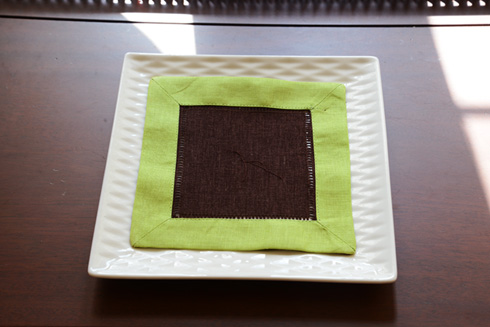 Multicolor Hemstitch cocktail napkin 6". Chocolate & Hot Green - Click Image to Close